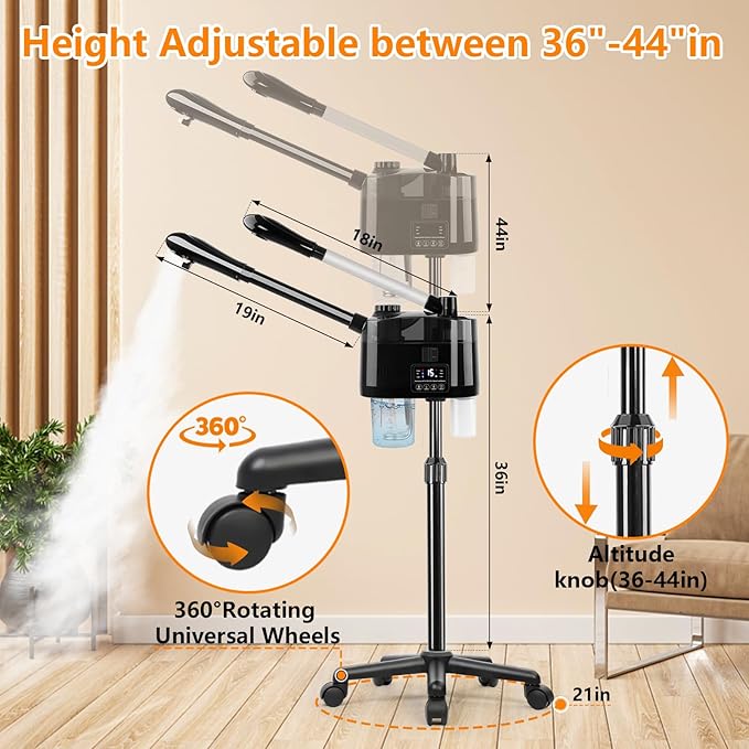 Professional Facial Steamer with Ozone and Hot & Cold Mist, Esthetician Steamer on Wheels, Face Humidifier for Facial Deep Cleaning, Digital Facial Steamer for Home and Salon, Black