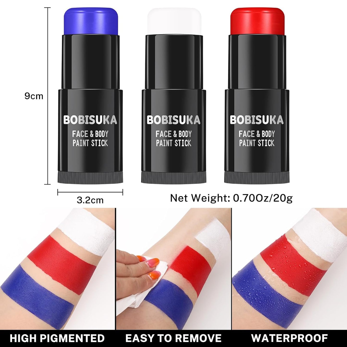BOBISUKA Red White Blue Face Paint Stick Kit, Eye Black Sticks for Football Baseball Softball Lacrosse American-Flag, Body Paints Makeup Kit for Halloween Cosplay Special Effects Costume SFX