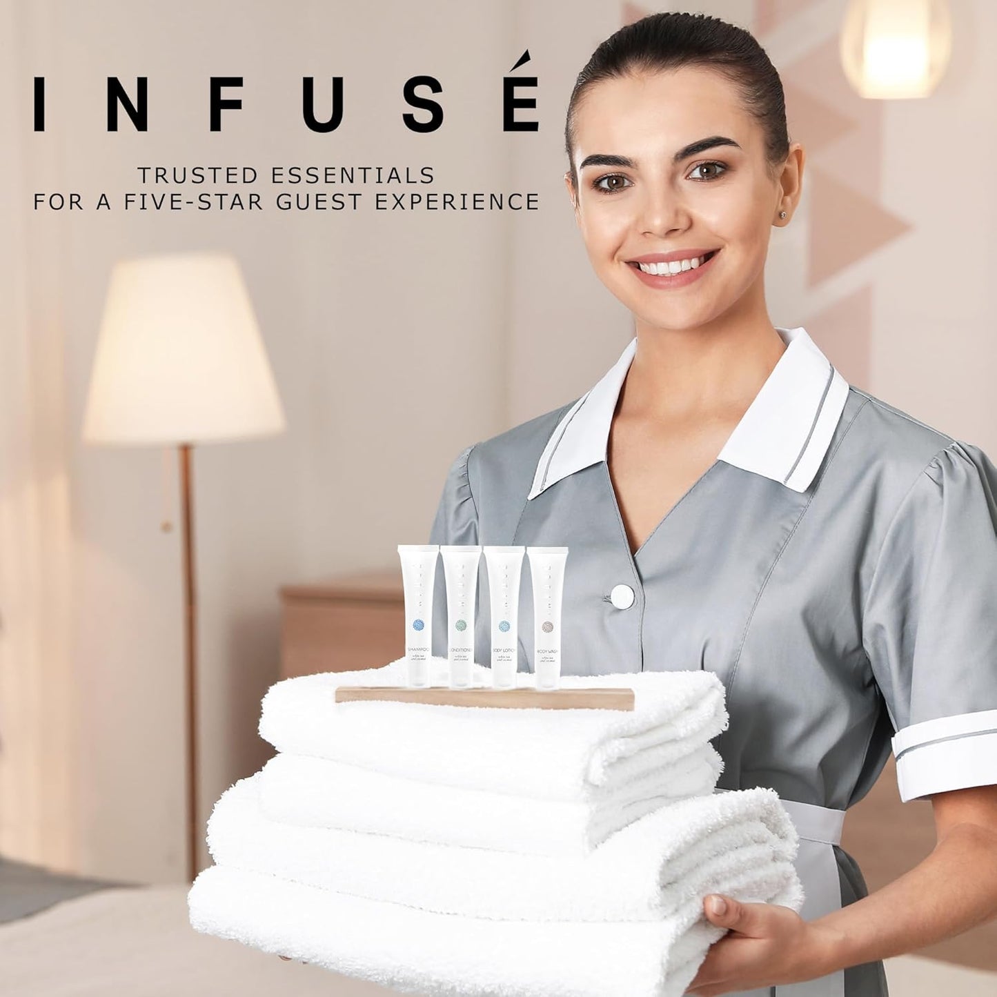 Infuse White Tea & Coconut Hotel Toiletries Bulk Set | 1-Shoppe Amenities Kit | 1oz Shampoo & Conditioner, Body Wash, Lotion | Travel Size | 80 Pieces