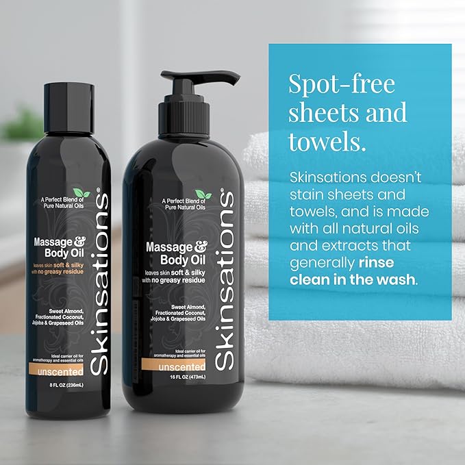 Skinsations - Unscented Massage Oil for Massage Therapy - 8oz | Silky-Soft Blend of Sweet Almond, Fractionated Coconut, Grapeseed and Jojoba Oil | Scented Body Oil, Sore Muscles, Aromatherapy