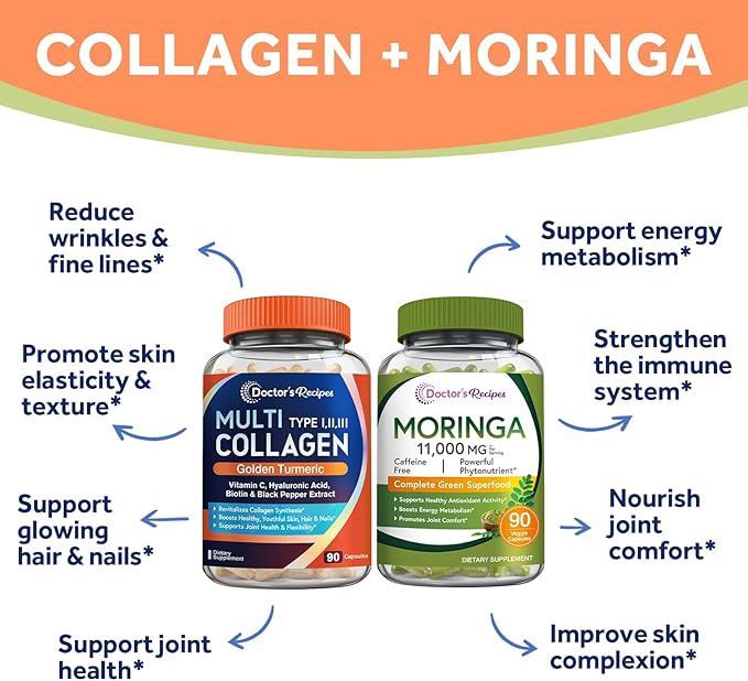 Doctor's Recipes Moringa 11,000 mg Strength 90 Caps and Multi Collagen Peptides 90Caps