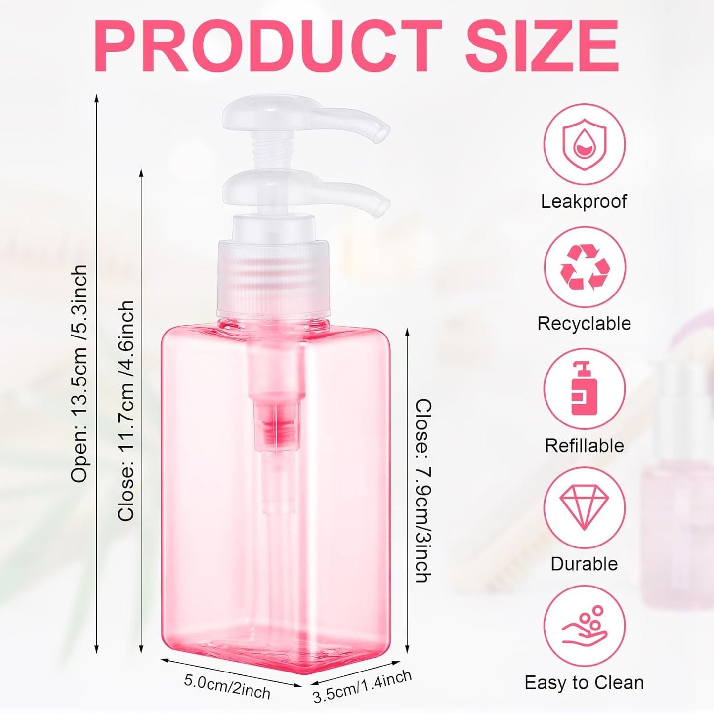 Domensi 12 Pcs 100ml /3.4 oz Pump Bottle Mini Travel Bottles Small Dispenser Containers Plastic Pump Lotion Dispenser Empty Square Travel Size Containers Toiletries (Transparent Pink)