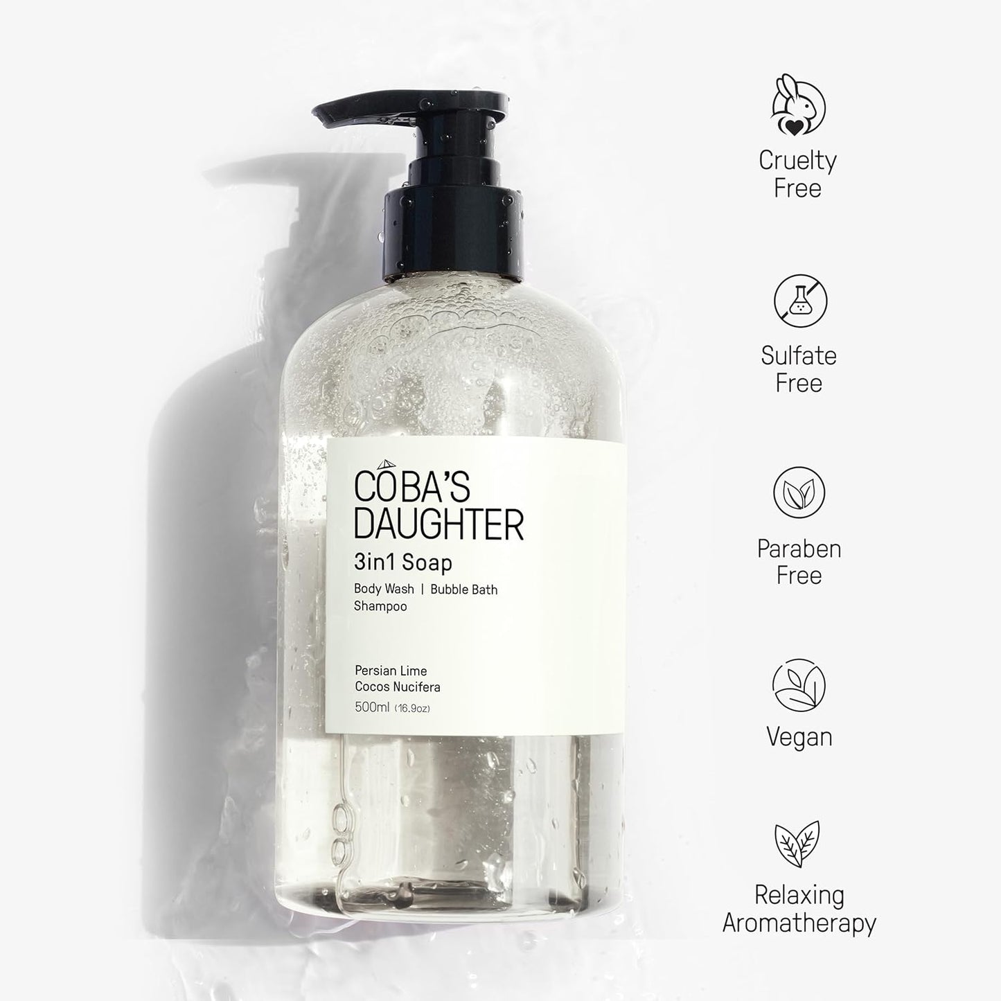 COBA'S DAUGHTER 3in1Soap Bubble Bath | Body Wash, Hand Wash| Cleanse, Nourish & Soften Skin with Inulin & Seaweed Extract | Persian Lime & Coconut Scent(16.9oz)