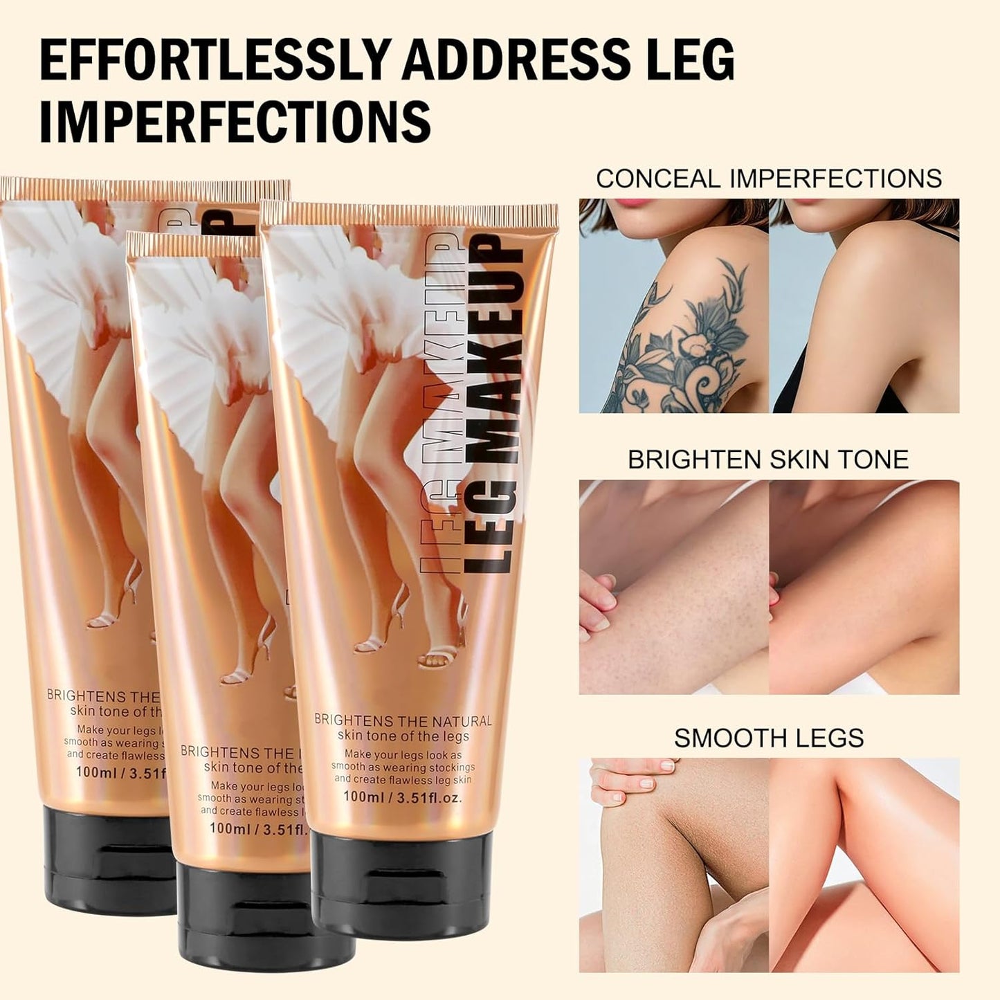 Boobeen Waterproof Leg Makeup Cream, No Transfer Body Concealer, 24-Hour Long-Lasting and Easy to Apply, Smooth & Light Effect for All Skin Tones