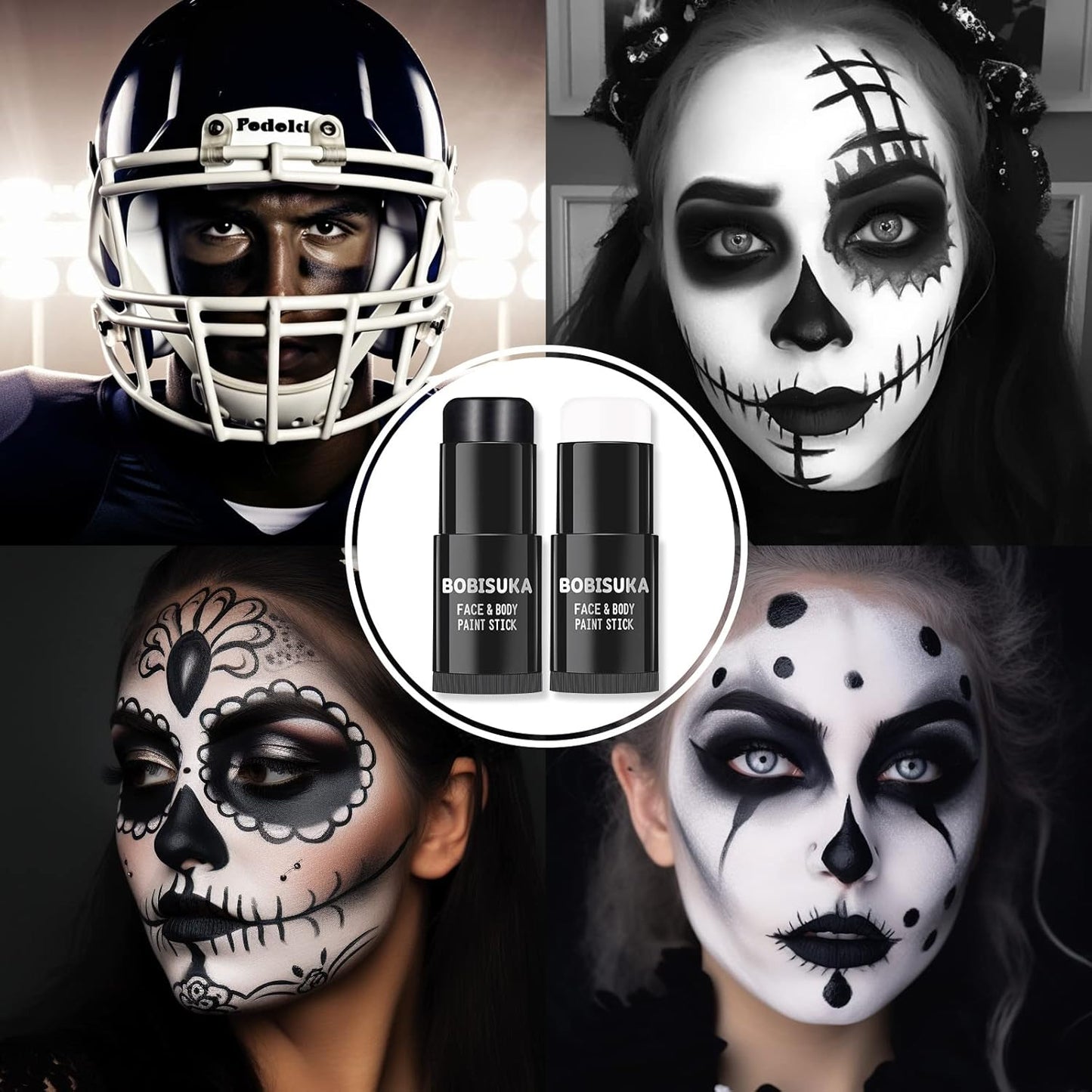 BOBISUKA Black White Face Paint Stick with Setting Powder Set, Eye Black Sticks for Sports, Body Paints for Clown Skeleton Vampire Skull Cosplay Special Effects Costume SFX Halloween Makeup Kit