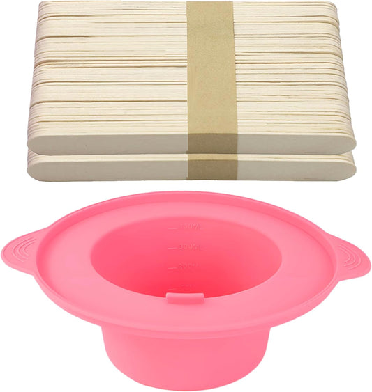 14 oz Silicone Wax Warmer Liner, Silicone Wax Bowl for Wax Warmer, Non-Stick Wax Melt Warmer Wax Pot Replacement, Reusable Wax Melt Liner with 100 Pcs Waxing Sticks Body Hair Removal Sticks Pink