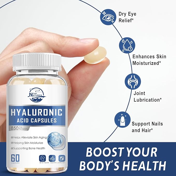Nature's live Hyaluronic Acid Supplements, 850mg High Bioavailable Dietary Hyaluronic Acid Capsules, Double Strength Joint Lubrication, Skin Hydration, Hair & Nails Support, 60 Softgels, 2 Pack