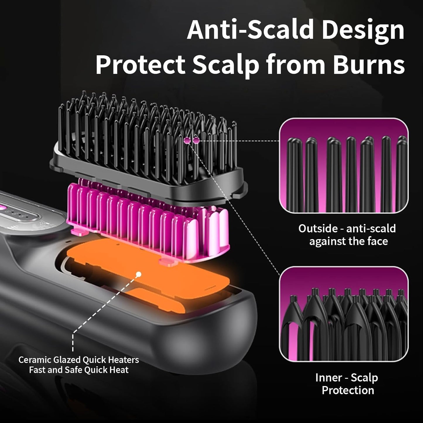 Travel Brush for Women, Portable Cordless Hair Straightener Brush, Mini Hair Straightener with 9600mAh Battery, Fast Charging & 100M Negative Ions - Cordless Portable Styler for On-The-Go (Black)