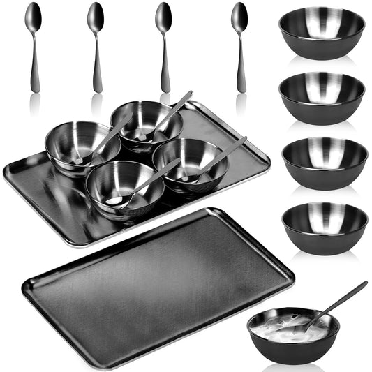 9 PCS Black Esthetician Supplies 4 Black Facial Bowls Esthetician 4 Facial Mixing Spoons Facial Mask Mixing Bowl Large Stainless Steel Skincare Tray Esthetician Spoons for Skin Care Face Mask