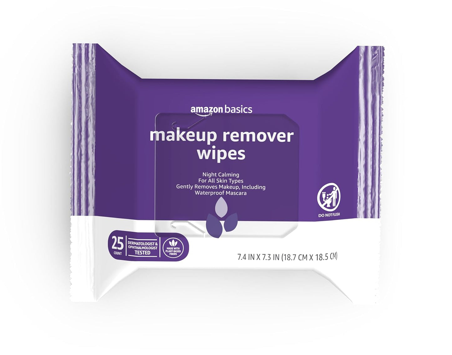 Amazon Basics Makeup Remover Wipes, Gentle Cleansing, Dermatologist Tested, Night Calming, Plant Based, Alcohol-Free, Removes Waterproof Mascara, 25 Count Per Pack, Pack of 1