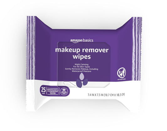 Amazon Basics Makeup Remover Wipes, Gentle Cleansing, Dermatologist Tested, Night Calming, Plant Based, Alcohol-Free, Removes Waterproof Mascara, 25 Count Per Pack, Pack of 1