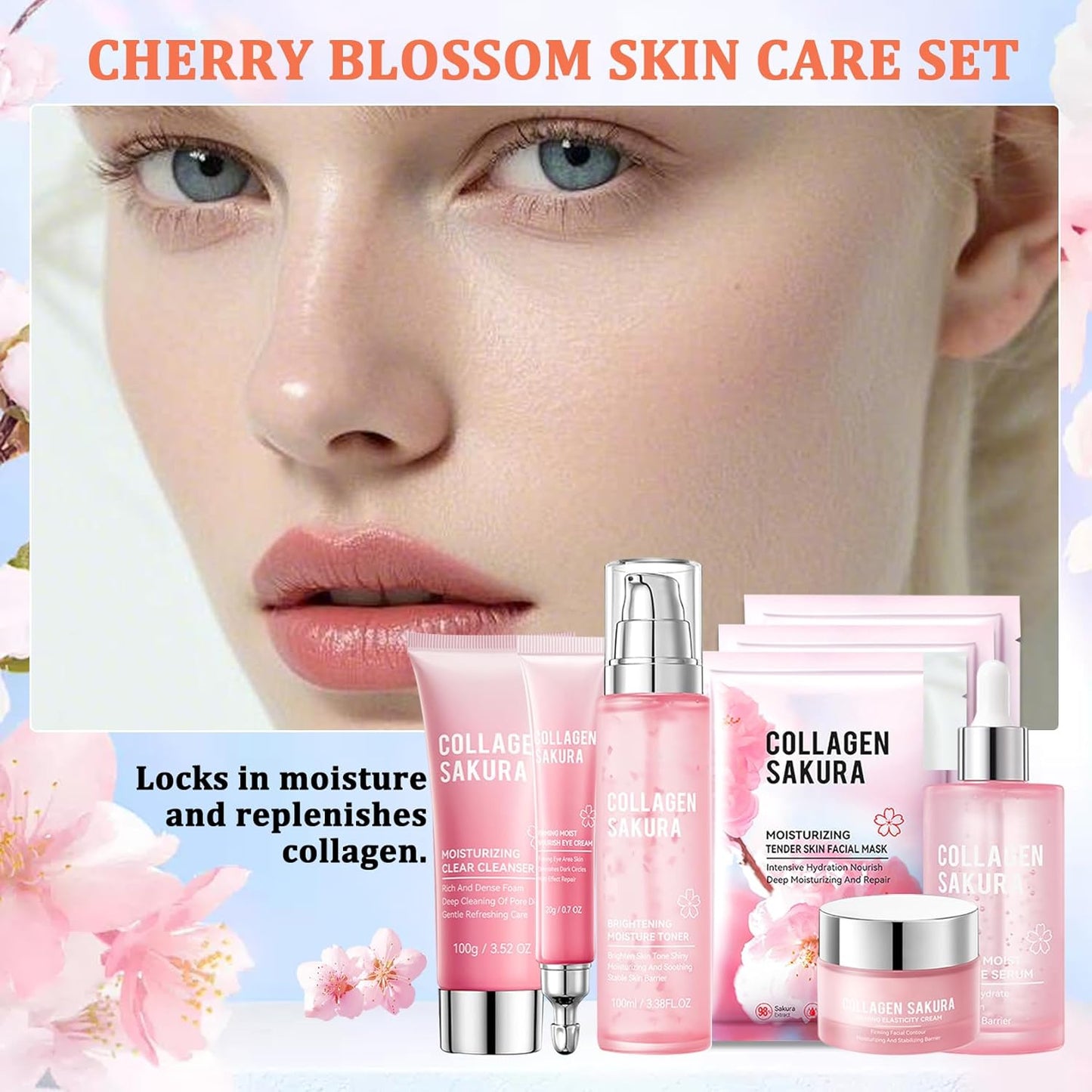 8PCS Sakura Skin Care Set,Hydrating Skin Care Kit Gift Set for Women and Girls,Moisturizing Skincare Set Facial Kit with Cleanser,Face Serum,Face Masks,Facial Cream,Toner and Eye Cream
