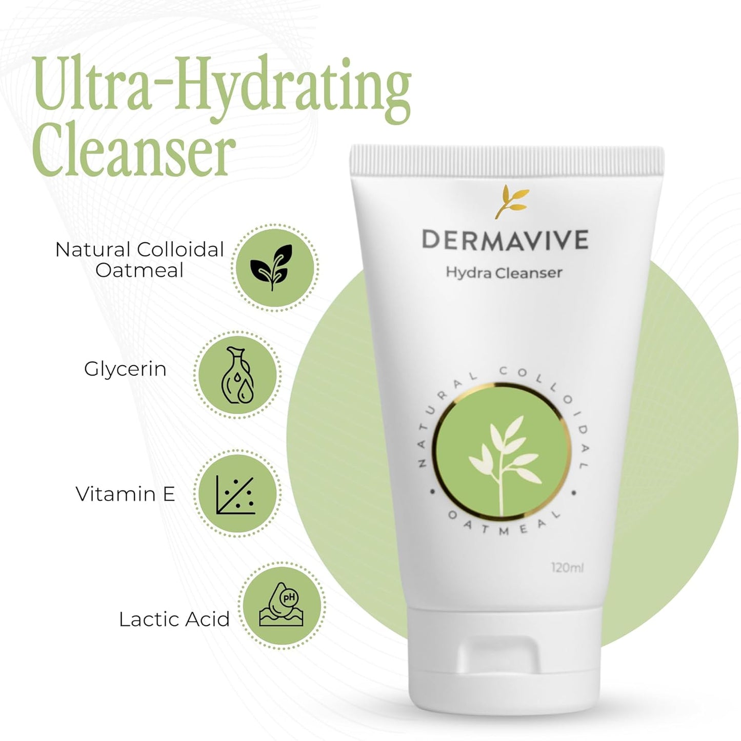 Dermavive Hydrating Facial Cleanser, Soap-Free Gentle Cleanser with Colloidal Oatmeal & Vitamin E, Soothes & Moisturizes Sensitive & Dry Skin, Suitable for All Skin Types, 120ml (4.05oz)