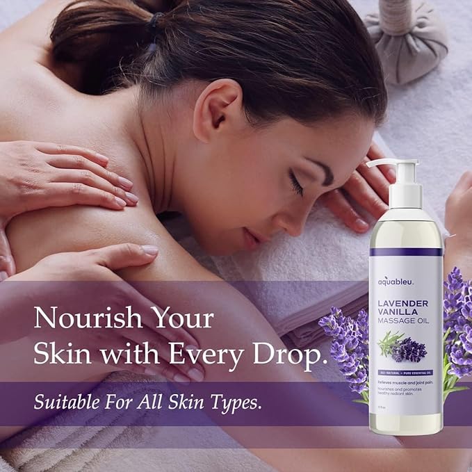Lavender Vanilla Massage Oil 100% Pure & All-Natural - Natural at-Home Massage Therapy, Soothes Skin & Muscles - Full Body Relaxing Massage Oil for Men and Women 12 fl oz