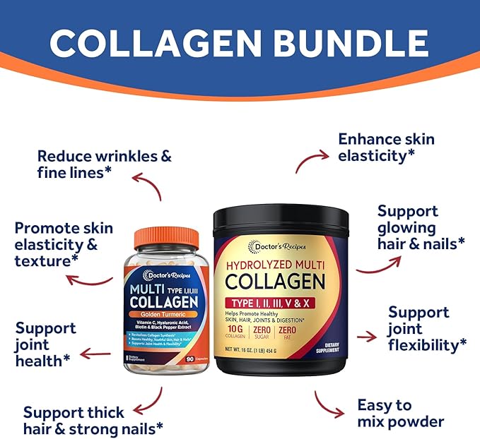 Doctor's Recipes Multi Collagen Peptides Powder 16oz and Multi Collagen Capsules 90 Caps