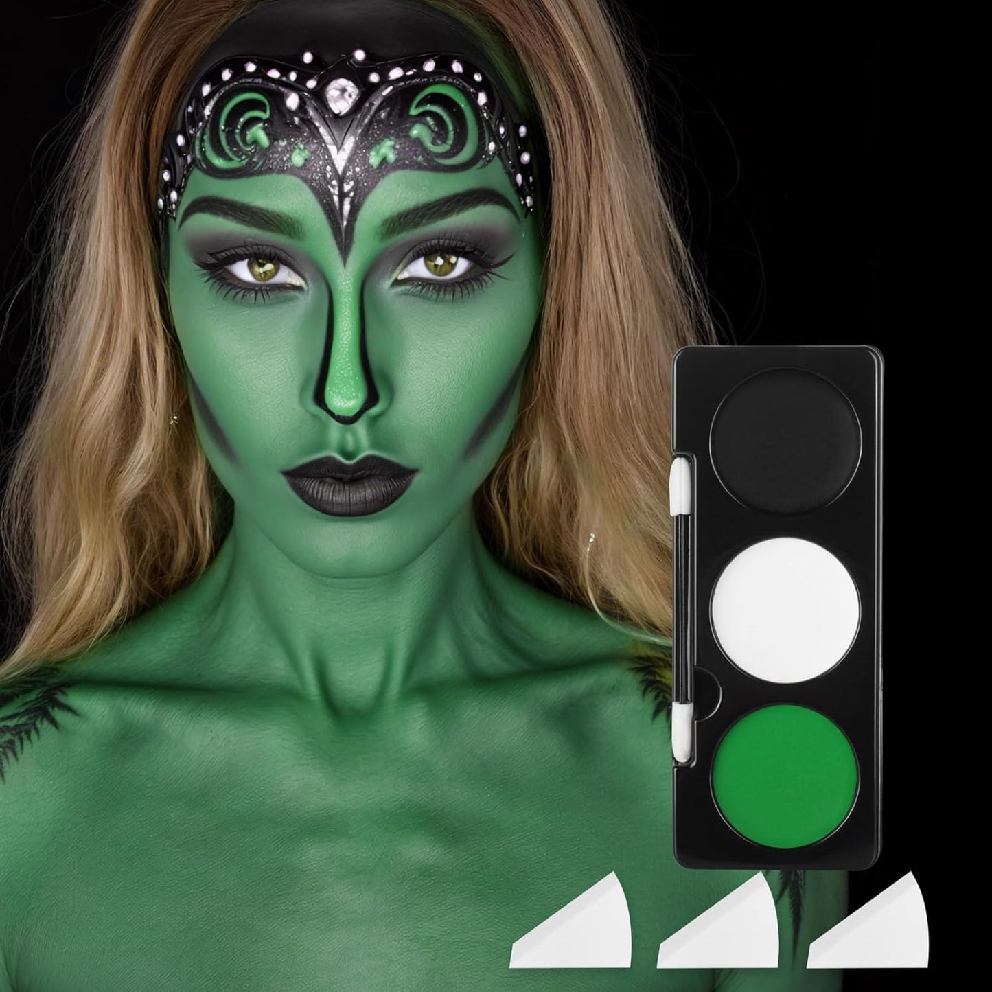 Green Witch Makeup Kit,Black White Green Face Paint + 3PC Sponge + Brush,Hulk Hunting 3 Colors Body Paint Palette,Safe Halloween Elphaba Costume Frankenstein Cosplay Set for Kids,21g