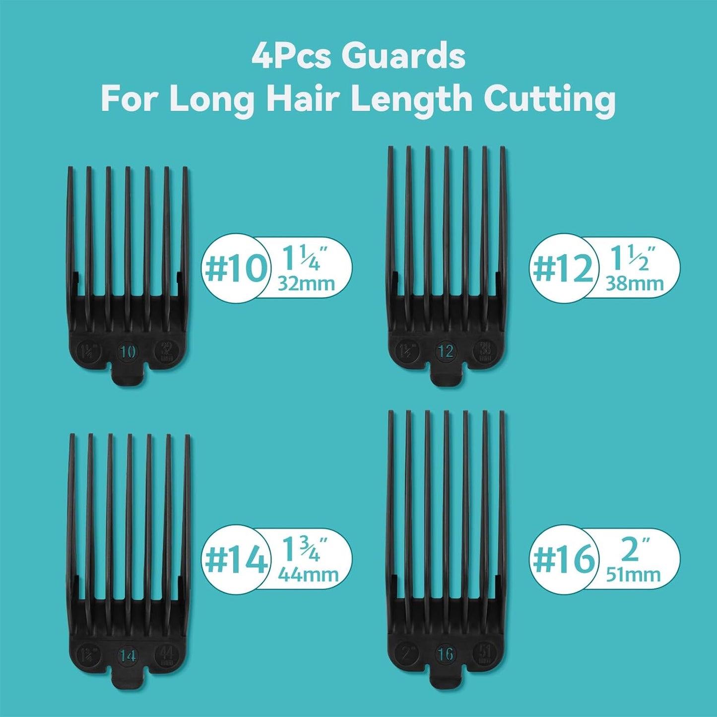 Clipper Guards Set 16 14 12 10 Compatible with Most Wahl Clippers, Clipper Guides Replacement - 1.25" to 2", 4 Piece Set, Black Color