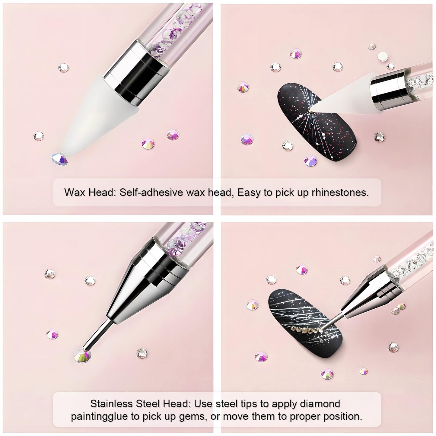 Rhinestone Picker Tool, Dual-ended Rhinestones Applicator Nail Art Design Tool, 2 Pack Acrylic Handle Nail Pen with 4 Extra Wax Tips and1 Tweezer