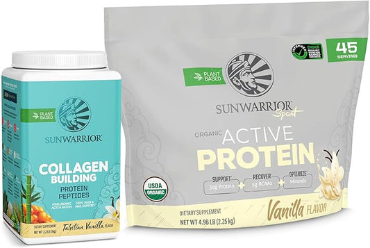 Sunwarrior Collagen Peptide Building Powder Plant-Based | Vanilla Flavored, 40 Servings & Vegan Protein Powder USDA Organic | Vanilla Flavored, 45 Servings