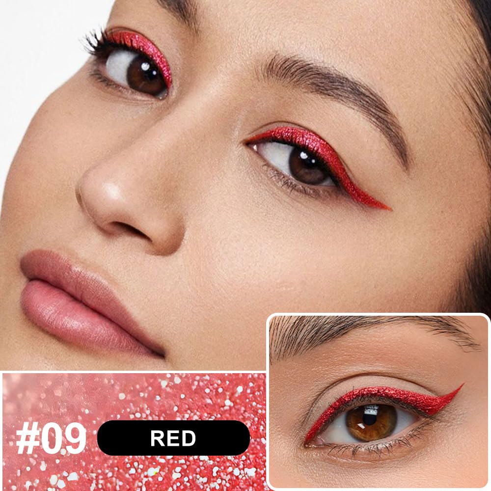 Red Metallic Glitter Liquid Eyeliner Pen – Long-Lasting Sparkly Waterproof Eyeliner for Women & Men – Tattoo-Effect Eye Makeup for Parties – Delineador de ojos líquido con 09