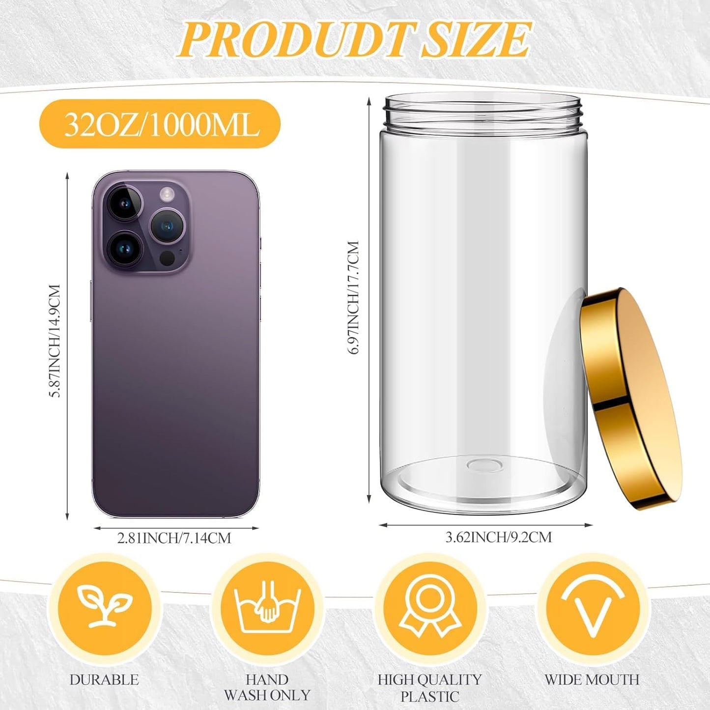 SATINIOR 12 Pack 32 oz Plastic Container Jars with Lids Round Clear Travel Cosmetic Container Slime Jars for Toiletries, Lotion, Cream, Ointments, Makeup, Rhinestone, Samples, Kitchen Storage(Gold)