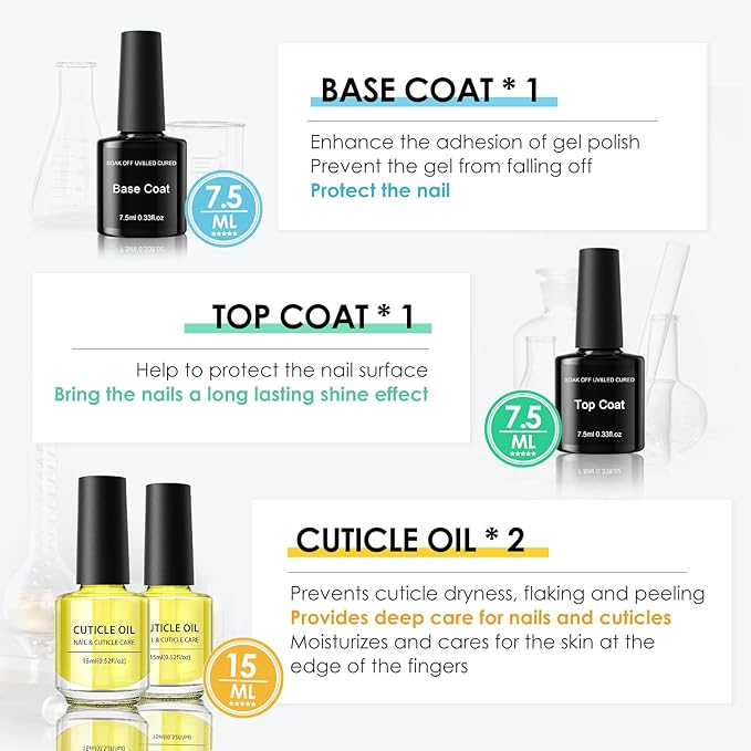 Cuticle Oil 2 Pcs 15ml with Gel Top Coat Base Coat 2 Pcs 7.5ml - Hydrating Moisturizing Nail Cuticle Oil for Nails Damage Dry Cuticle Long Lasting No Wipe Base Top Coat Gel