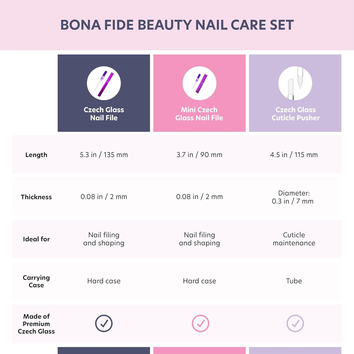 Bona Fide Beauty Glass Nail Files Kit in Purple- 3Pc Set Includes Glass Cuticle Pusher, Mini Travel Nail File, and Medium Glass File for Natural Nails