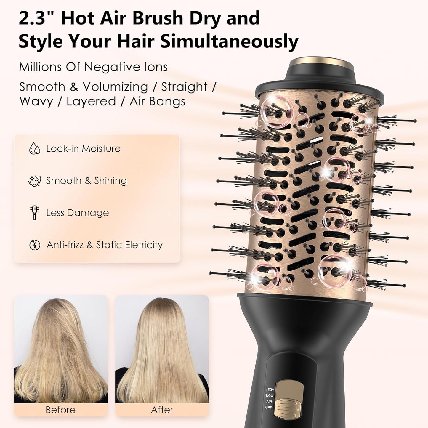 Travel Dual Voltage Hair Dryer Brush, Mini Auto Blow Dryer Brush in one, 2 Inch One Step Hot Air Hair Dryer and Styler for Home & Salon with EU&UK Plug (Gold)