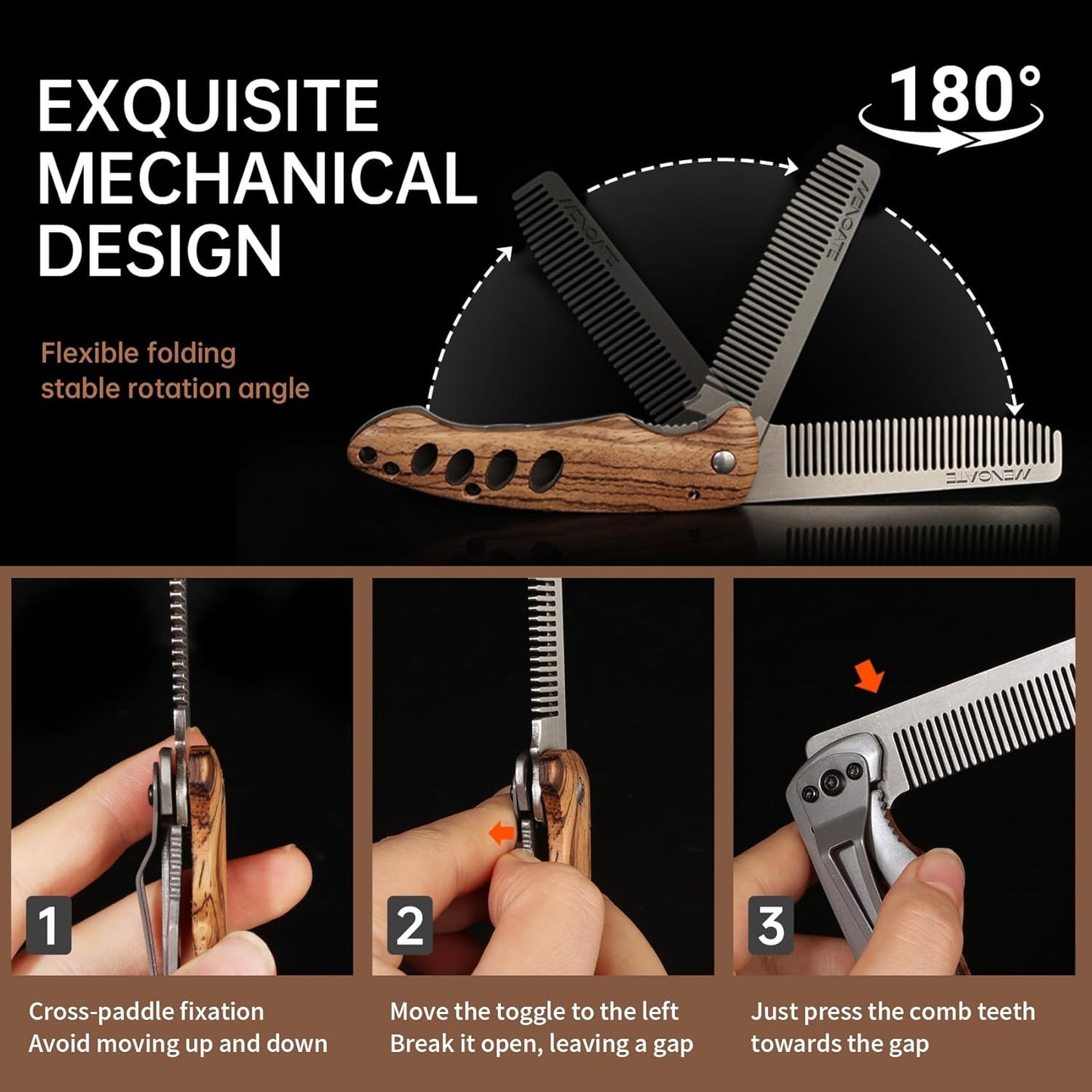 1PC Small Folding Pocket Beard & Mustache & Hair Styling Comb for Men - Metal Tactical Grooming Tool with Wooden Handle, with 180° Rotatable for Outdoor Travel & Home Use - Length 6.57inch