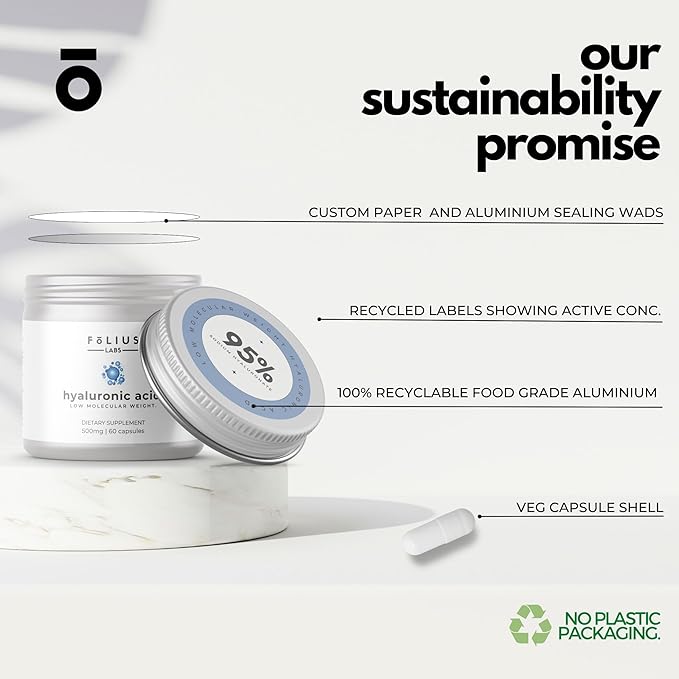 Ultra High Purity Hyaluronic Acid Capsules 500mg - 95% Sodium Hyaluronate - Highly Purified and Bioavailable - Low Molecular Weight - Non-GMO Fermented - 60 Capsules