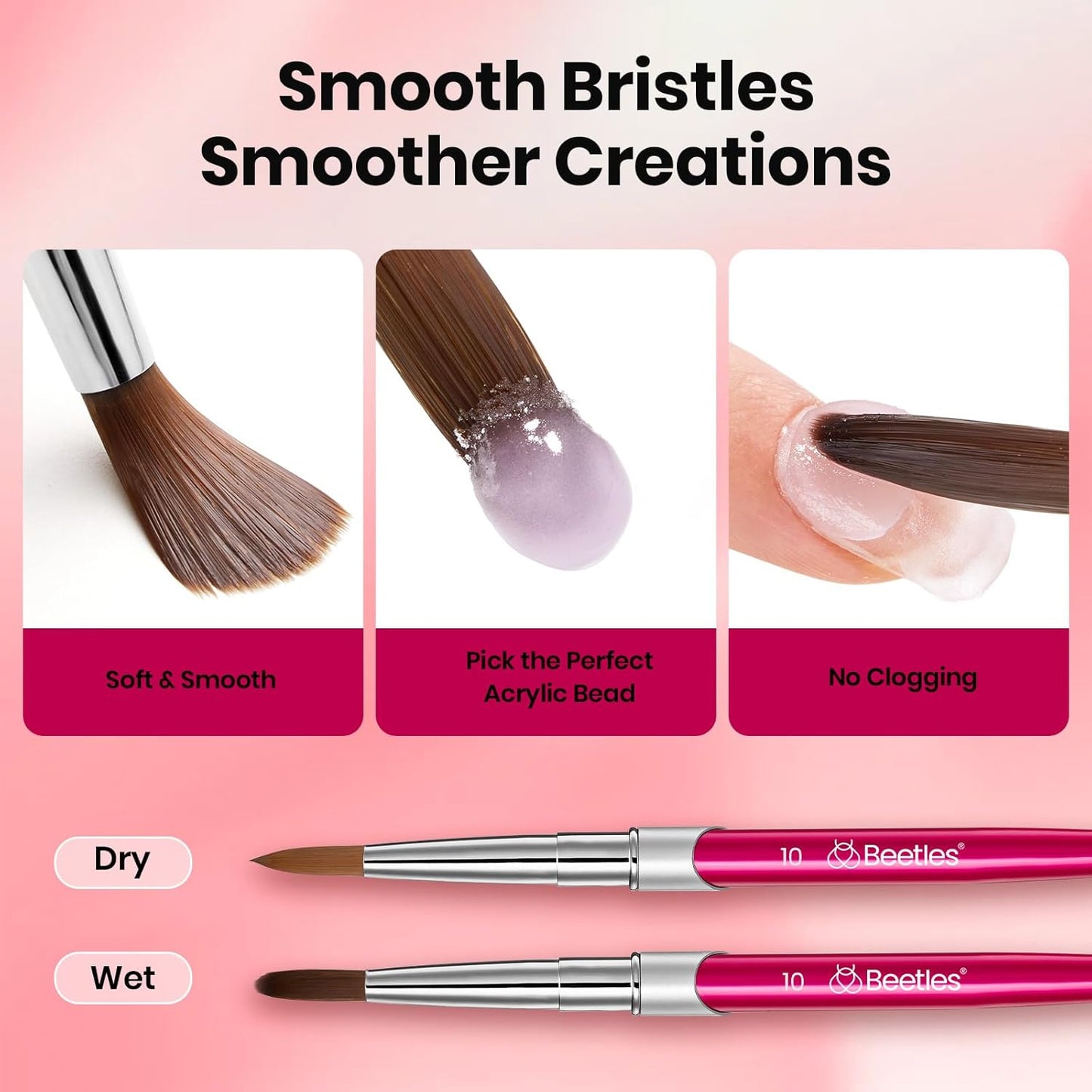 Beetles Acrylic Nail Brush - 3pcs Size 6/10/14 Kolinsky Acrylic Nail Brushes with Cleaner Tool for Acrylics Powder, Nails Extension, 3D Carving Nails Art Tools Home DIY Salon Manicure Design Tool