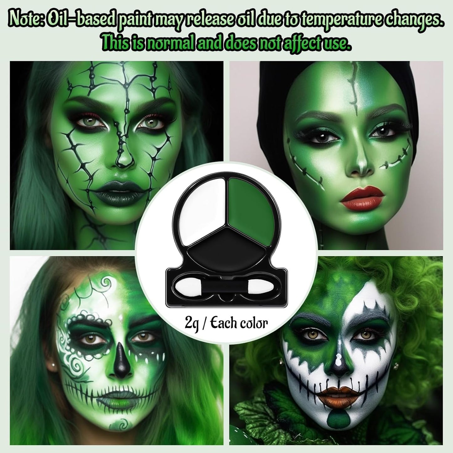 White Black Green Face Body Paint with Applicator, Oil Based Face Painting Kit for Zombie, Monster, Witch Halloween Makeup, Cosplay, Costume, SFX Special Effect and Parties - Compact, Travel Size