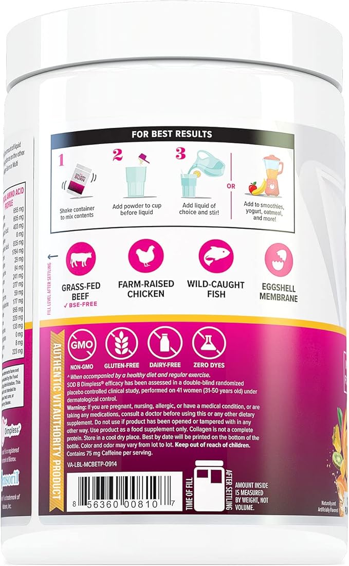 Multi Collagen Burn: MultiType Hydrolyzed Protein Peptides with Hyaluronic Acid, Vitamin C, SOD B Dimpless, Types I, II, III, V and X, with Caffeine 30 Servings Tropical Punch Flavored