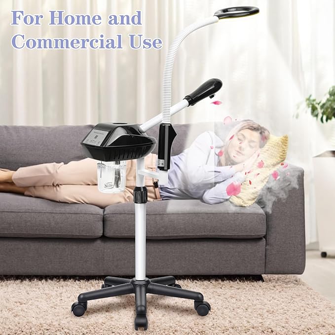 Professional Facial Steamer, 2 in 1 Ozone Facial Steamer on Wheels, with 5X Magnifying Lamp, Facial Steamer with Time Setting, Stand Facial Steamer Adjustable Height for Spa, Salon and at Home use