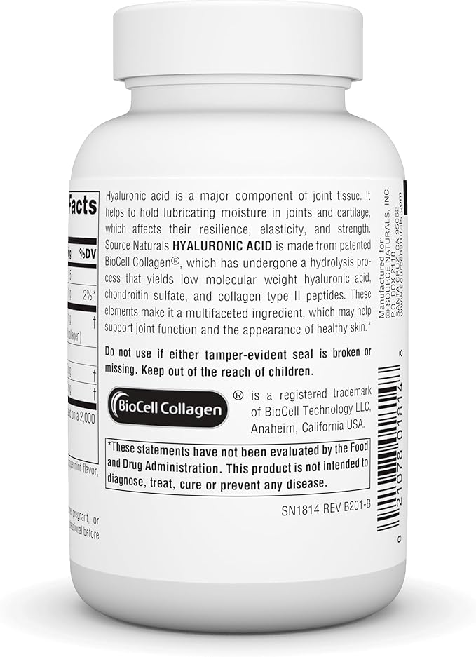 Source Naturals Hyaluronic Acid, Promotes Healthy Joints and Skin*, 100mg - 60 Tablets