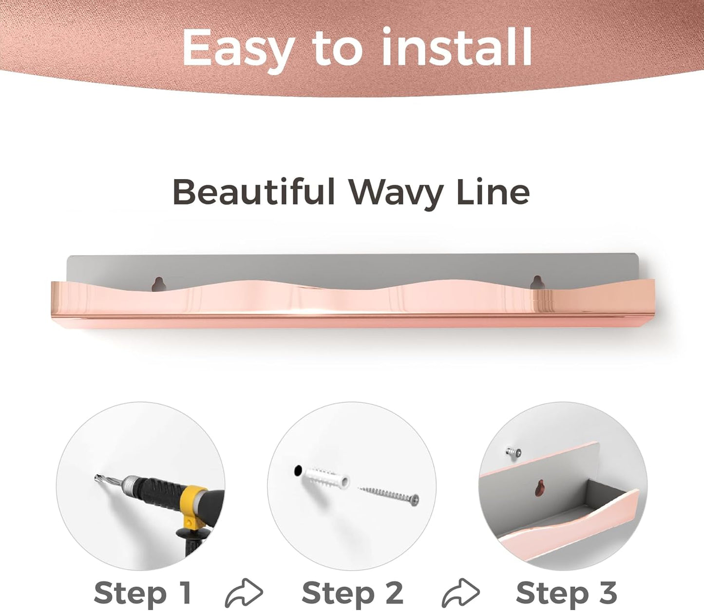 Wall-Mounted Nail Polish Organizer Rack - 15-Inch Rose Gold Mirror Finish Nail Polish Shelf, Makeup & Beauty Essentials Storage - Multi-Purpose Display Holder for Small Space, Vanity Bathroom, 6 Pack