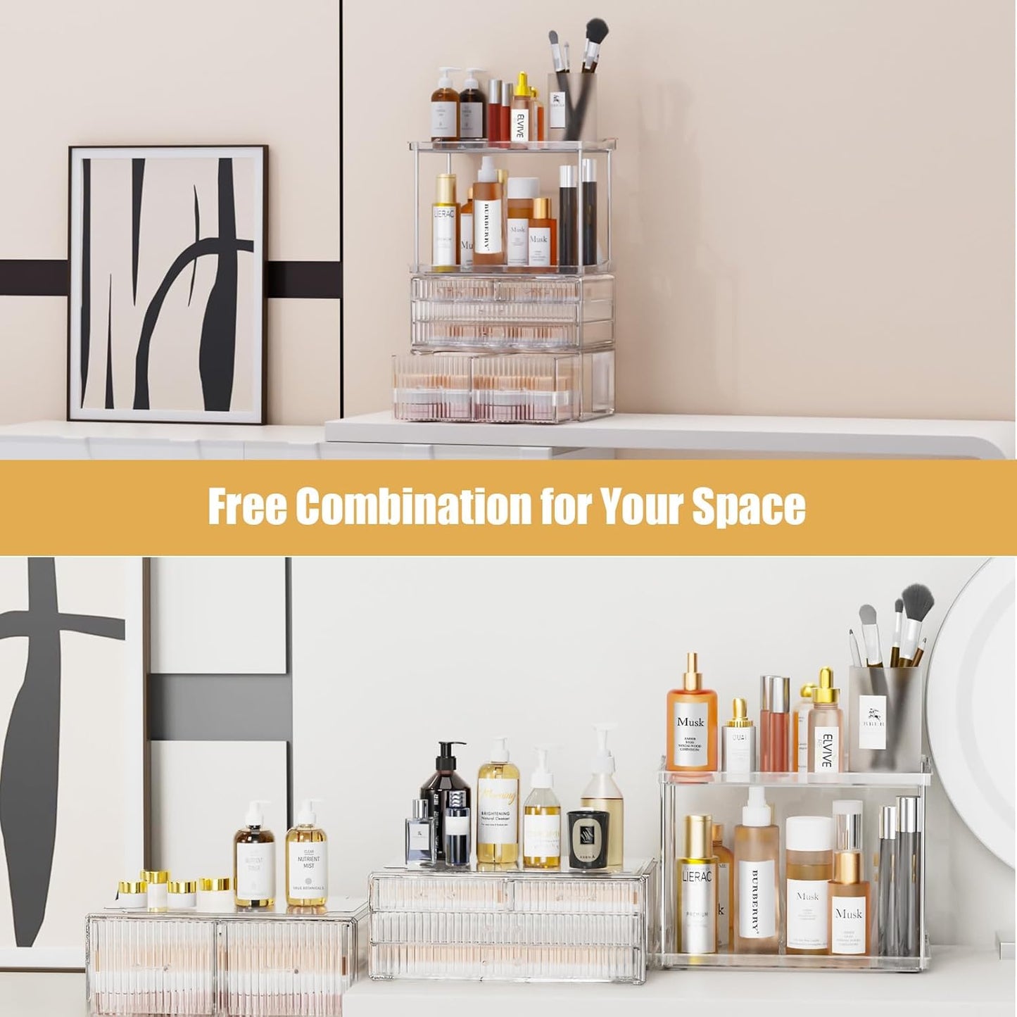 2-Tier 5-Drawer Bathroom Countertop Organizer : Multi-Purpose Makeup Organizer Countertop - Large Skincare Holder Exquisite Vanity Tray - Perfume & Skincare Storage Amber Clear