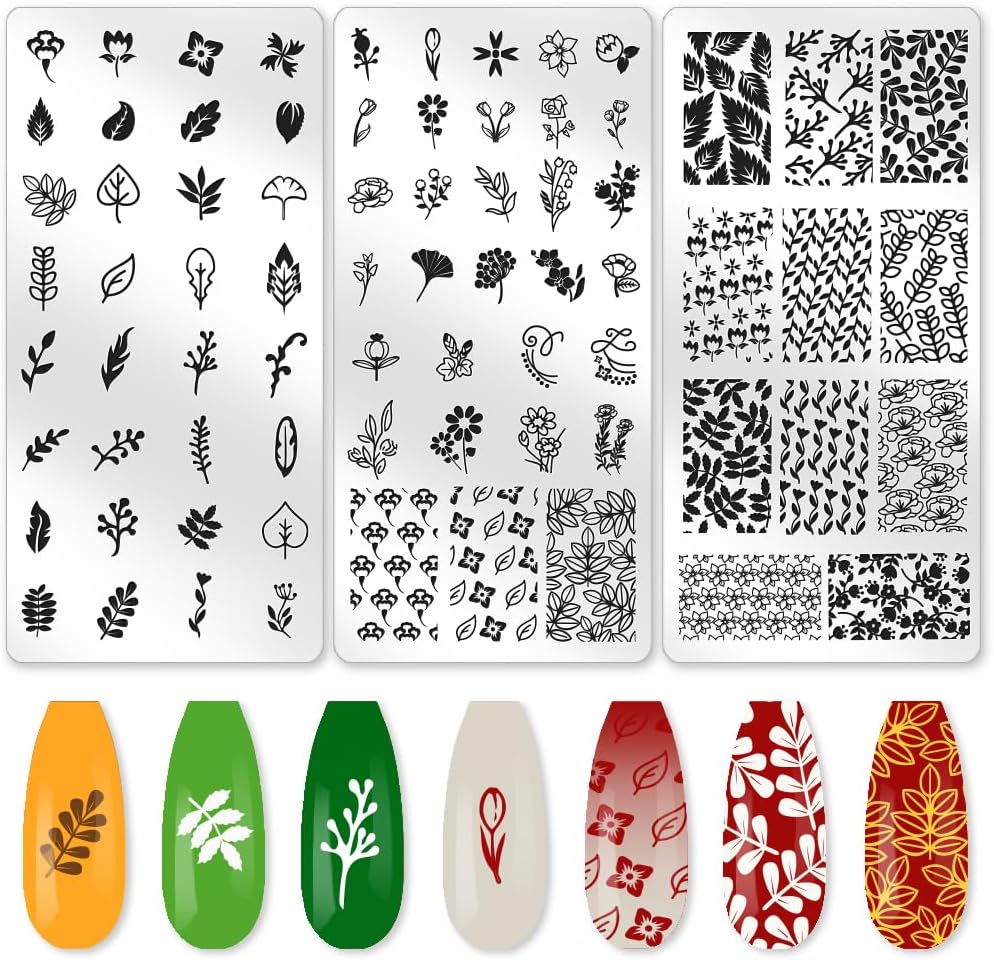 3Pcs Floral Leaves Nail Stamping Plate Set Roses Flower Vine Ginkgo Leaf Steel Nail Stamp Templates Clear Silicone Nails Stamping with Stamper Scraper for Manicure Printing
