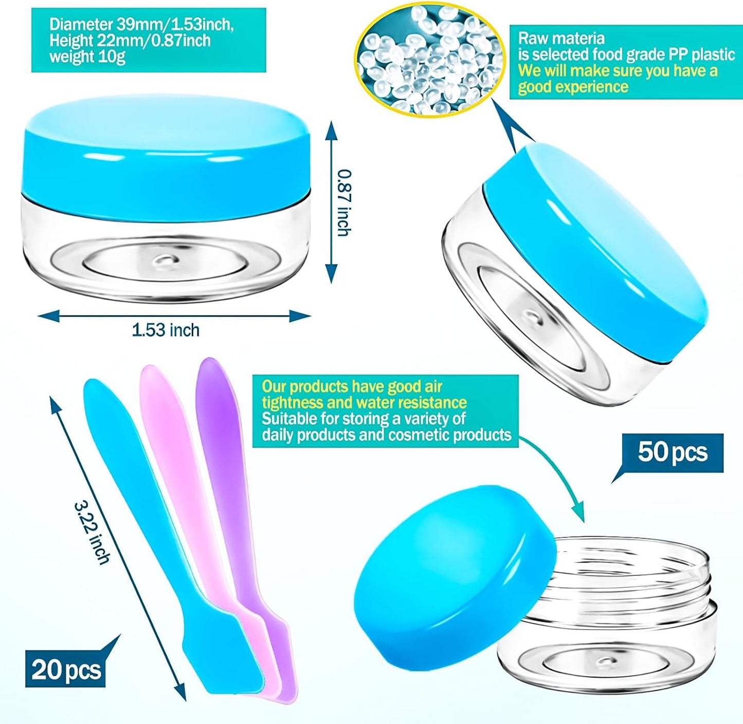 MotBach 50PCS 10g Empty Sample Containers with Colored Lids,Refillable Makeup Sample Containers, Small Sample Pot Jars Travel Makeup Containers with Mini Spatulas for Liquid Powder Creams Lotions