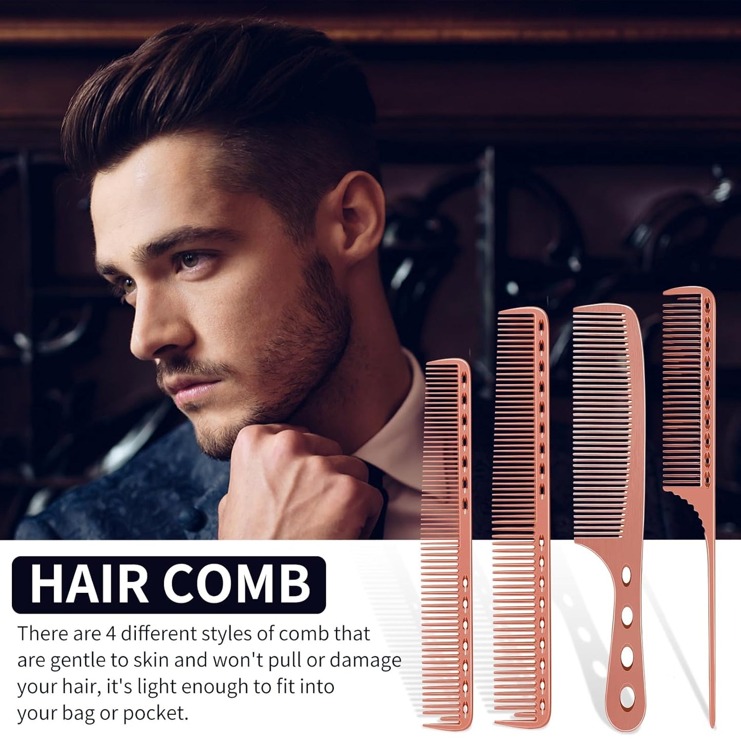 Professional Barber Aluminum Comb Set for Dressing, Cutting Hair, and Styling: Long/Short Hair Combs, Handle, and Tail Comb (Rose Gold)