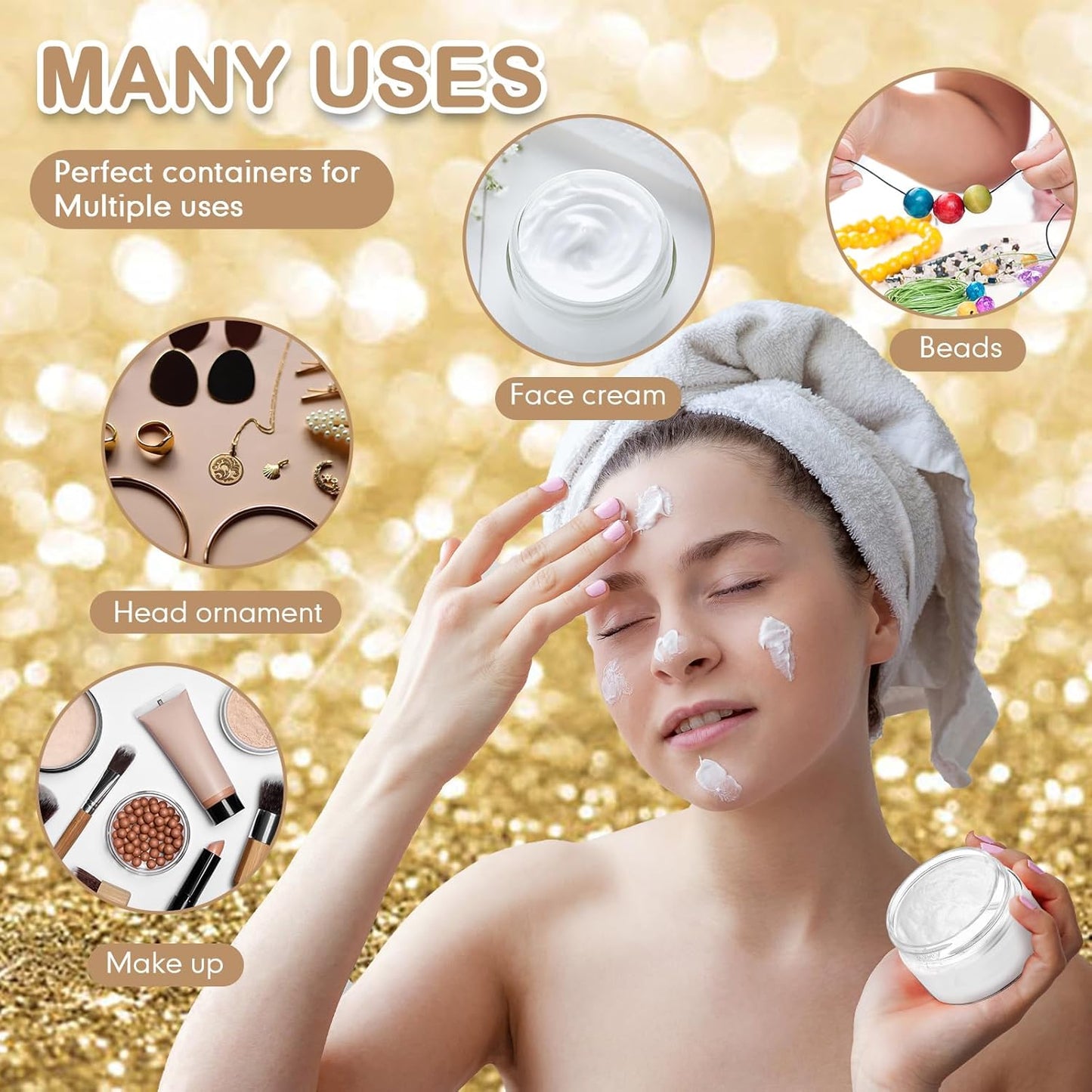 SATINIOR 12 Pack 1 oz Plastic Container Jars with Lids Round Clear Travel Cosmetic Container Jars for Toiletries, Lotion, Cream, Ointments, Makeup, Rhinestone, Samples, Kitchen Storage(Gold)