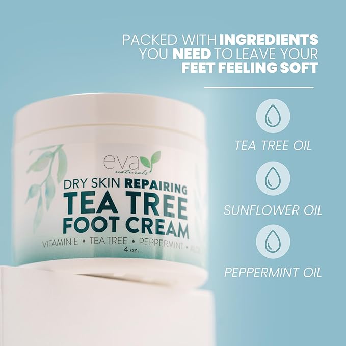 Eva Naturals Tea Tree Foot Cream - Foot Lotion with Peppermint, Menthol and Spearmint - Soothing Foot Cream Treatment for Dry Cracked Heels and Feet