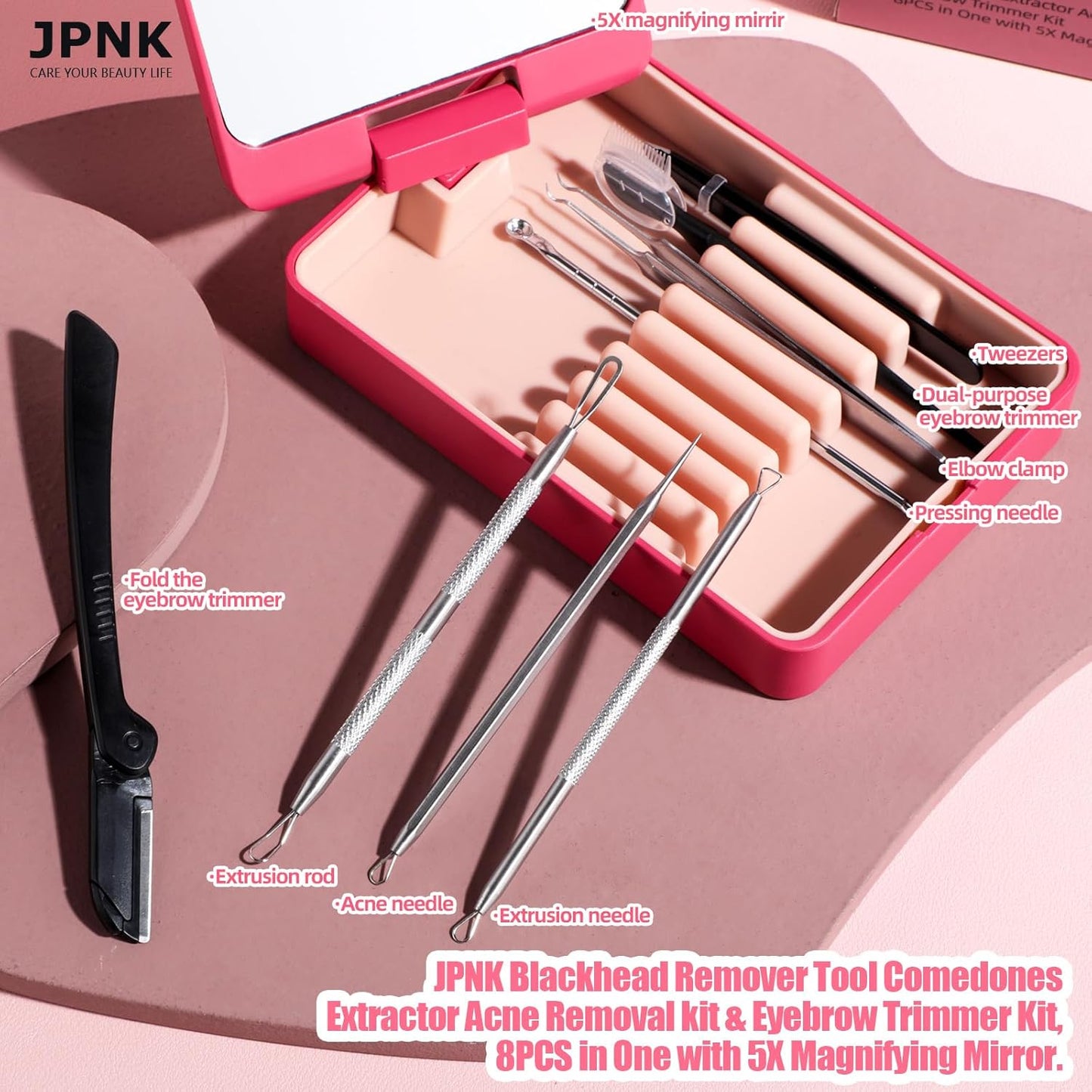JPNK Blackhead Remover Tool Comedones Extractor Acne Removal kit & Eyebrow Trimmer Kit, 8PCS in One with 5X Magnifying Mirror