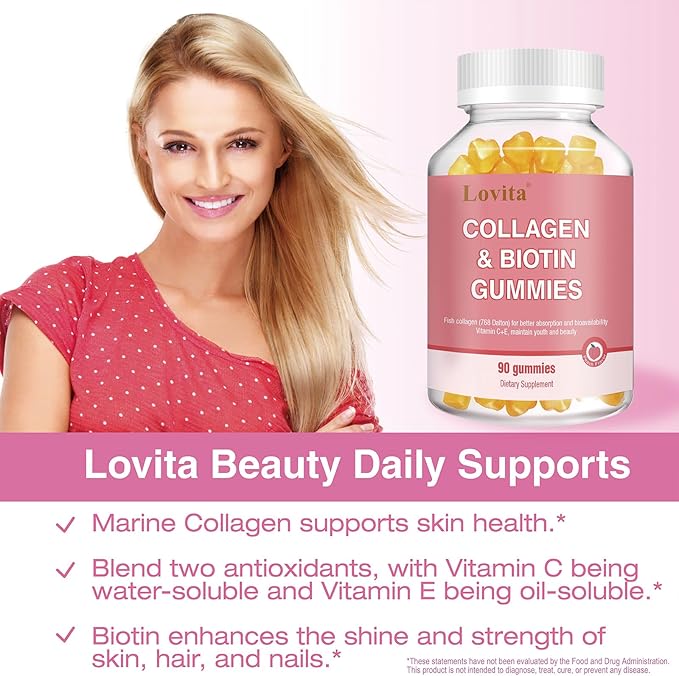 Lovita Marine Collagen Gummy with Biotin, Vitamin C & E | Type I Collagen for Skin Health | Peach Flavor | 90 Gummies