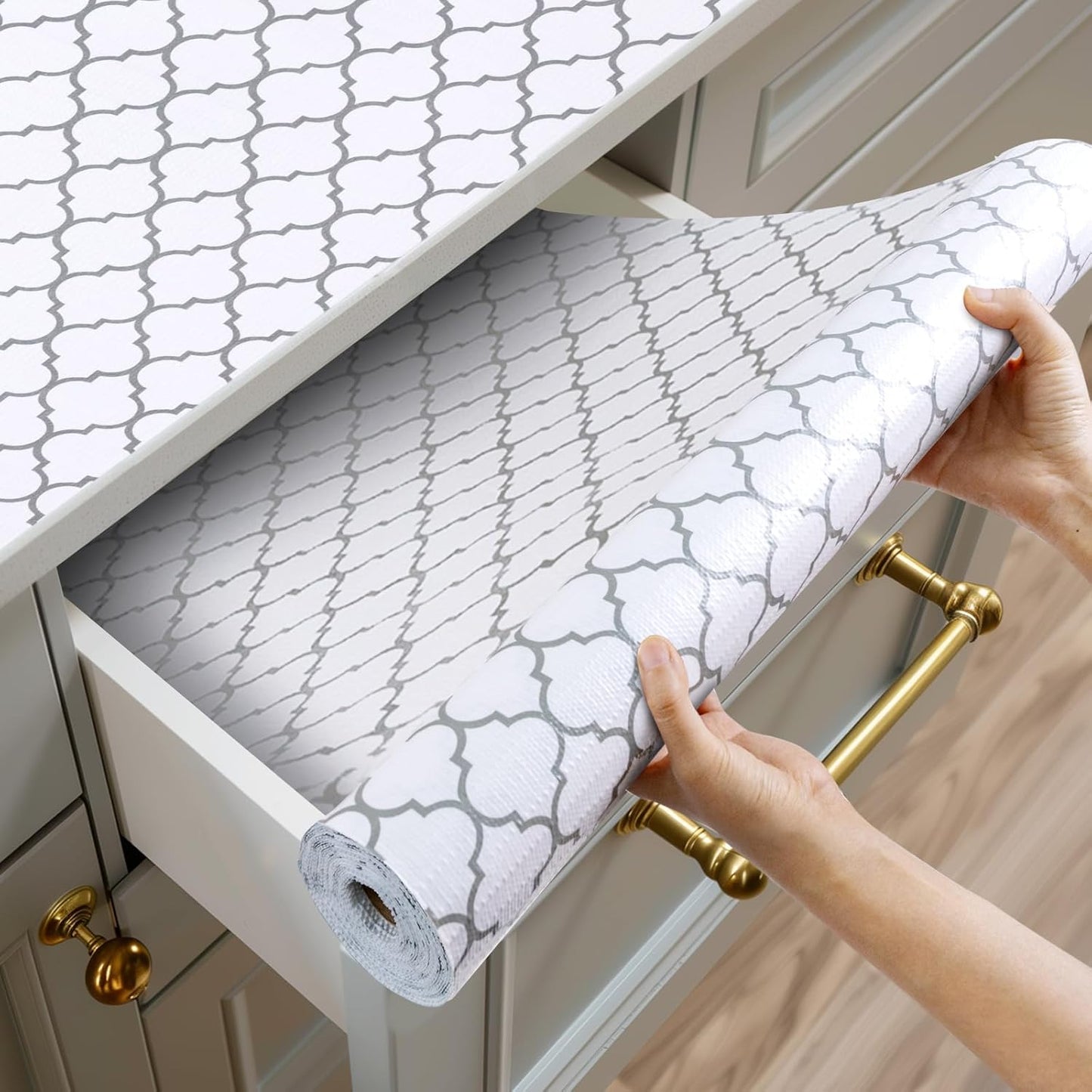 Shelf and Drawer Liner for Kitchen Cabinets Non-Adhesive, Strong Grip Non-Slip Thickened Cabinet Liners for Shelves, Waterproof Mats for Dresser Cupboard, White/Gray, 17 in x 20 Feet