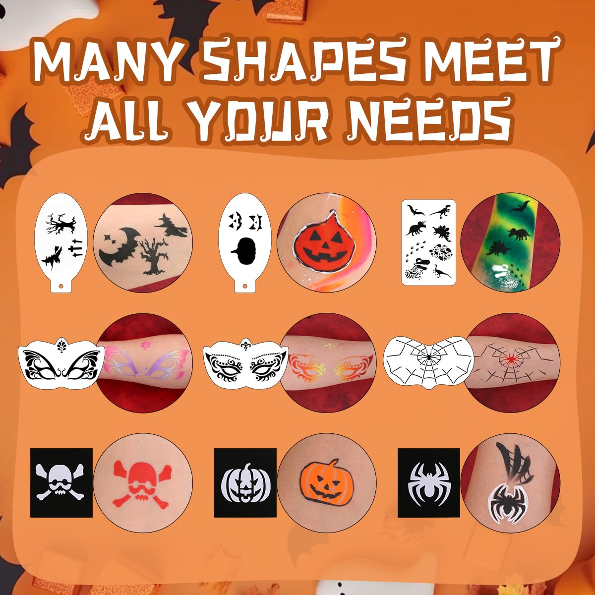63 pcs Halloween Face Painting Stencils Kit, 38 pcs Reusable Face Body Paint Stencils Templates, 10 Brushes, 13 pcs Sponges, 2 Black Gems for Halloween Makeup Depvision Face Paint Accessory Kit