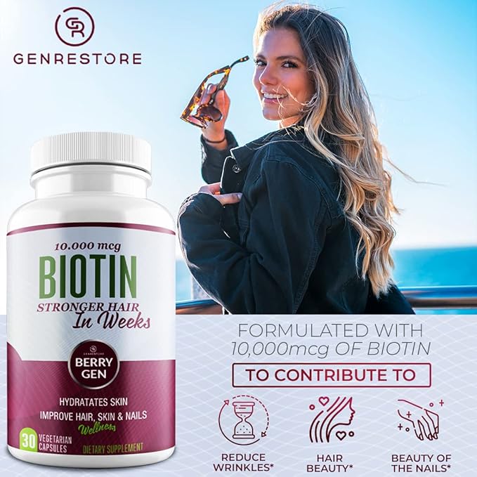 Berry Gen Biotin Supplement 10000 mcg Vegetarian Capsules - Support Hair Health & Growth, Help Heal Skin & Reduce Wrinkles and Moisturize Skin, Hair, and Nails - 30 Count (1)