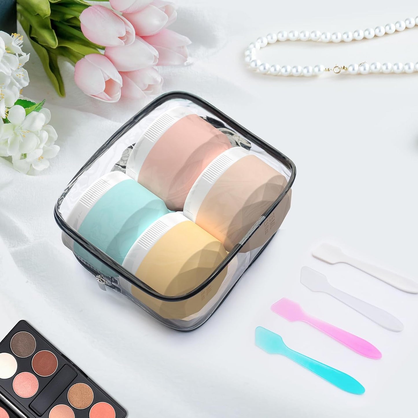 Travel Containers for Toiletries, 4-Pack TSA Approved Silicone Jars (2.5oz) - BPA Free Leakproof Cosmetic Containers for Creams, Lotion, Skincare & Makeup with Bonus Waterproof Bag