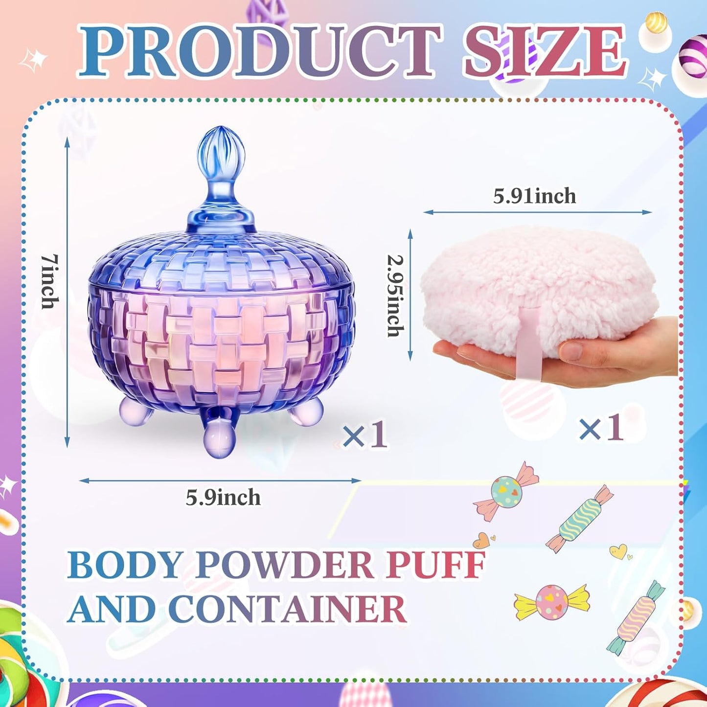 Tioncy 2 Pcs Extra Large Dusting Powder Puff and Container 6'' Body Powder Puff and Crystal Container for Women Soft Washable Reusable Velour Face (Gradient)