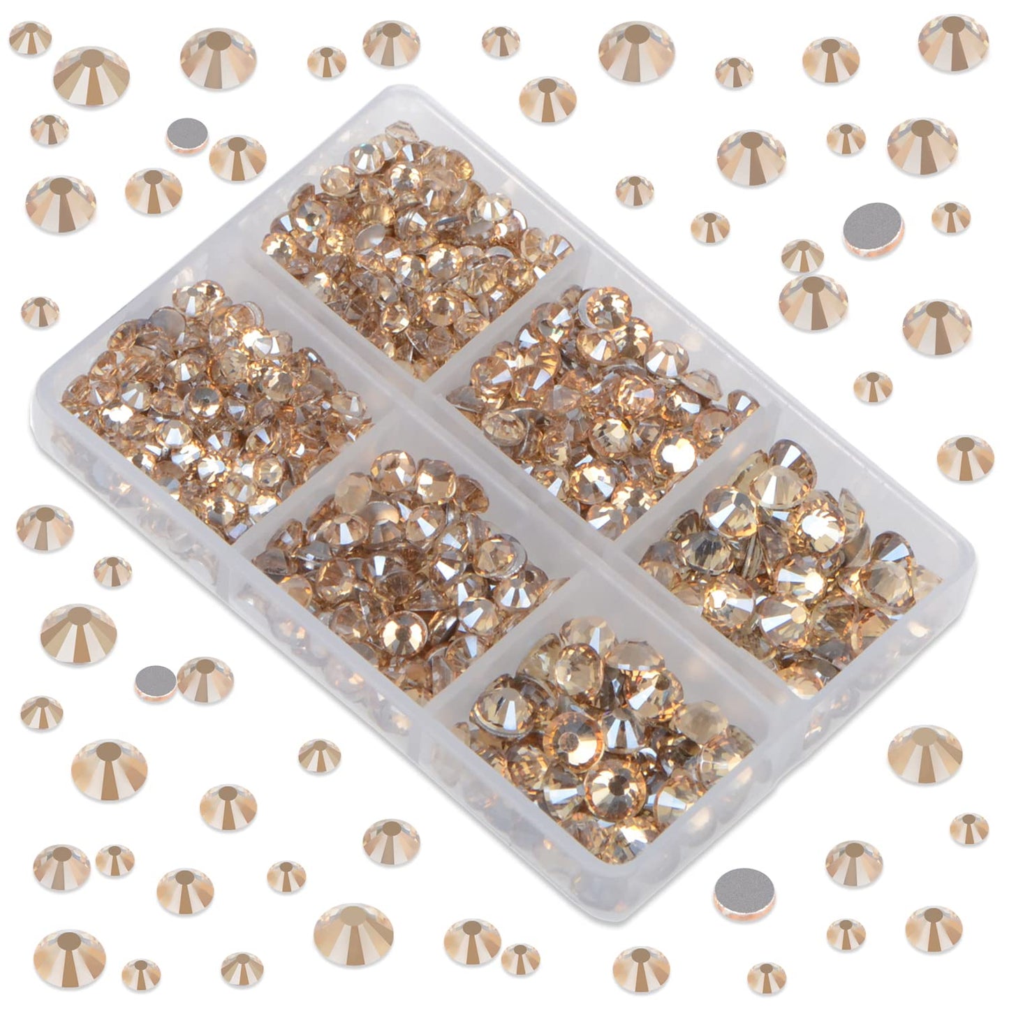LPBeads 6000 Pieces Champagne Non Hotfix Rhinestones 6 Sizes Round Crystal Glass Flat Back Rhinestones with Tweezers and Picking Pen for Nail Art Crafts Clothes Bags DIY